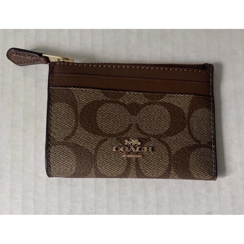 Coach Signature Brown Zip Card Holder Wallet w/ ID Window Key Ring Exc Con Logo
